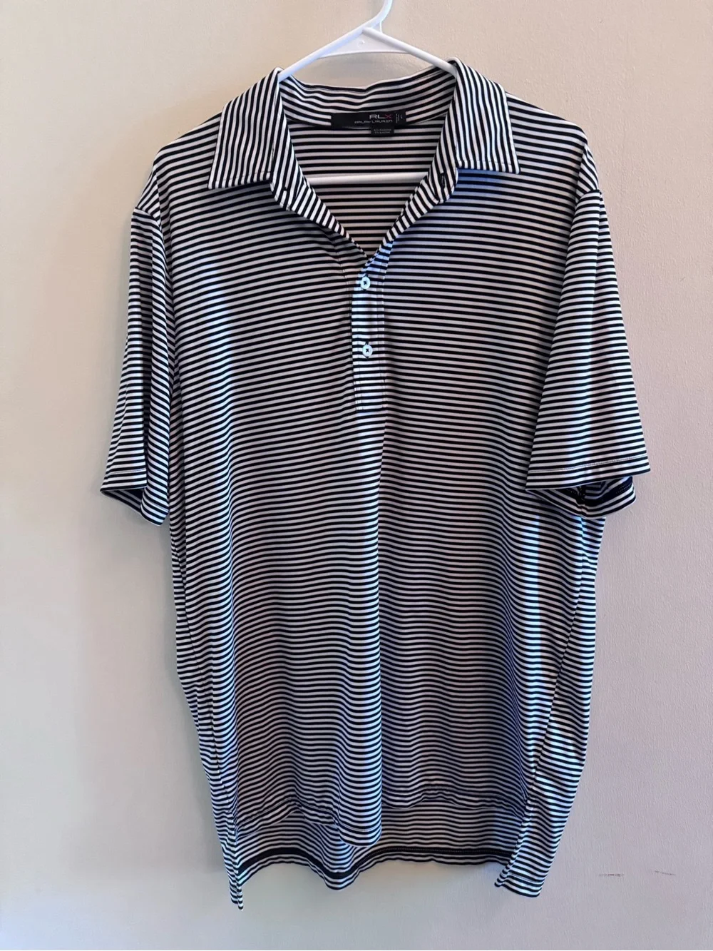 RLX Ralph Lauren Men’s Large Golf Polo Black White Striped Stretch Performance